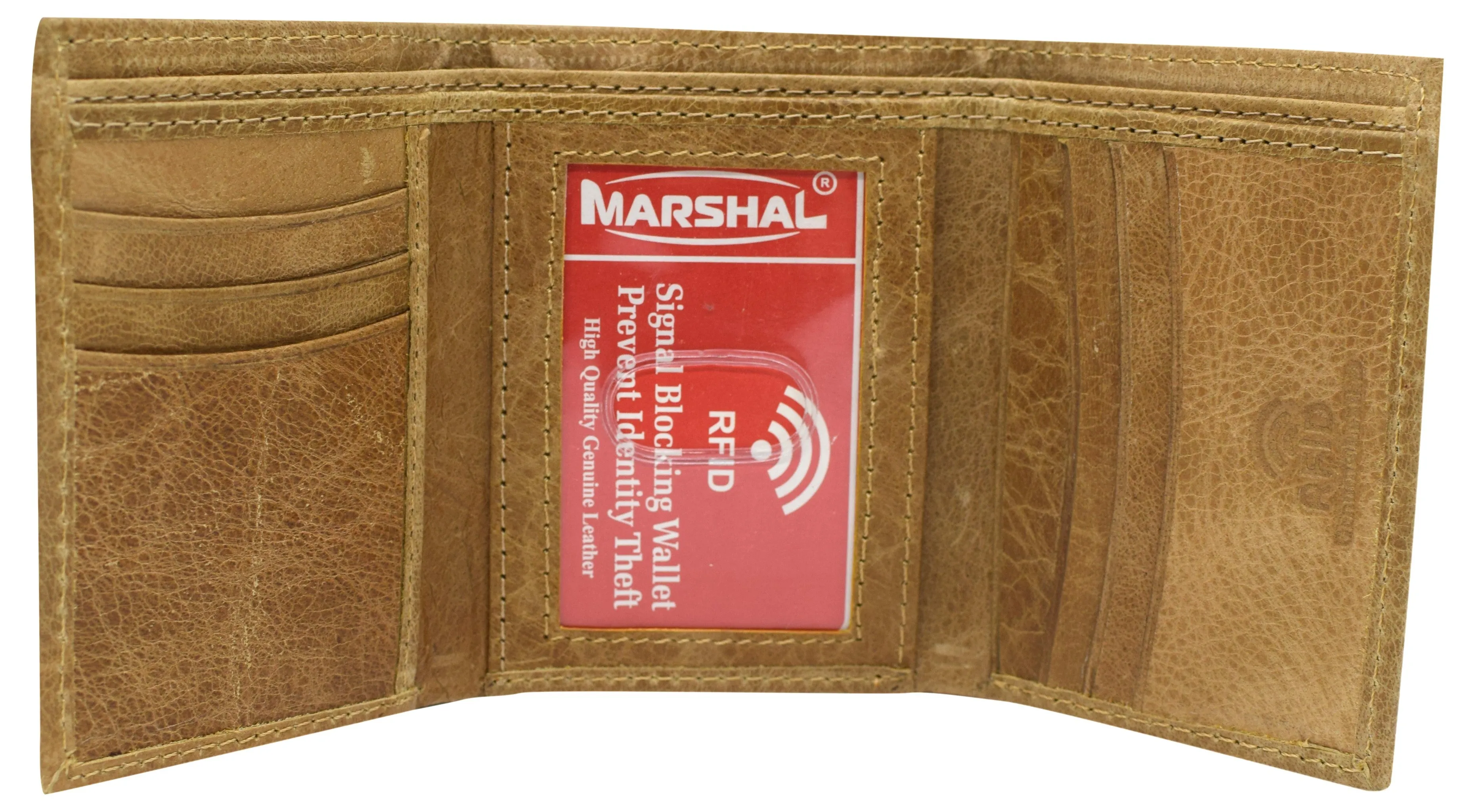 RFID623555TN Marshal RFID Blocking Men's Genuine Leather Slim Trifold Credit Card ID Holder Tan Wallet for Men