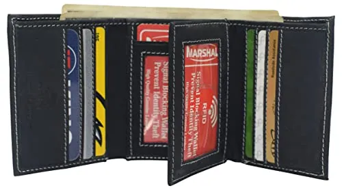 RFID641107HTCBK Real Vintage Leather Wallets for Men - RFID Blocking Classic Trifold Wallet with Card Slots