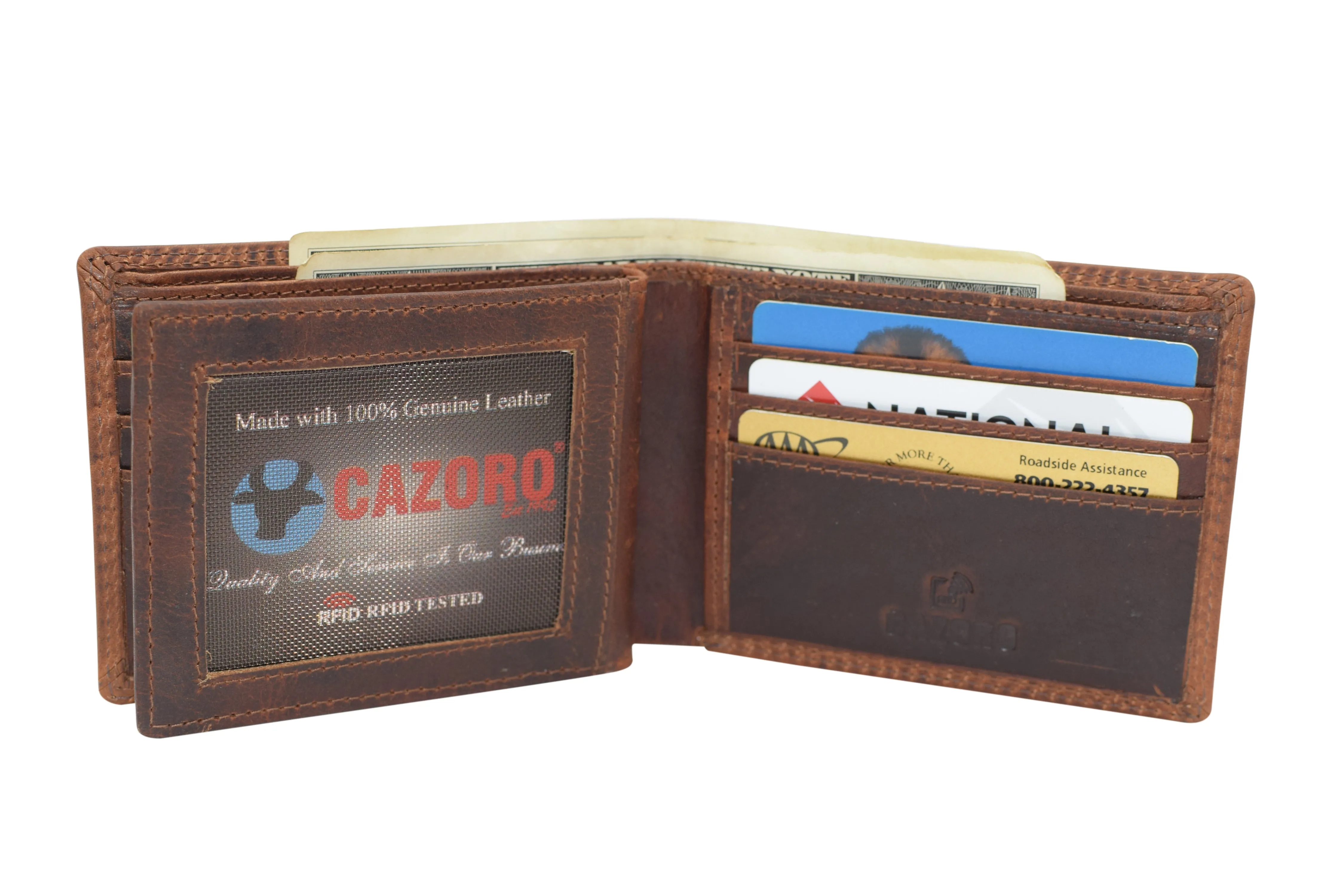 RFID920052RHBD CAZORO Men's Handmade Vintage Leather RFID Blocking Bifold ID Window Wallet for Men With Gift Box