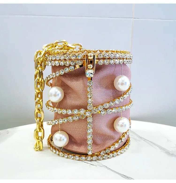 Rhinestones Big Pearls  Metal Cage Clutch