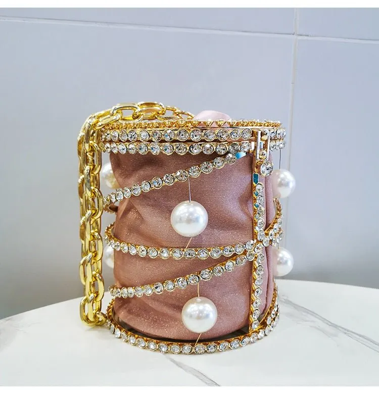 Rhinestones Big Pearls  Metal Cage Clutch