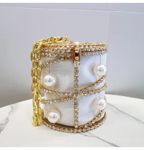 Rhinestones Big Pearls  Metal Cage Clutch