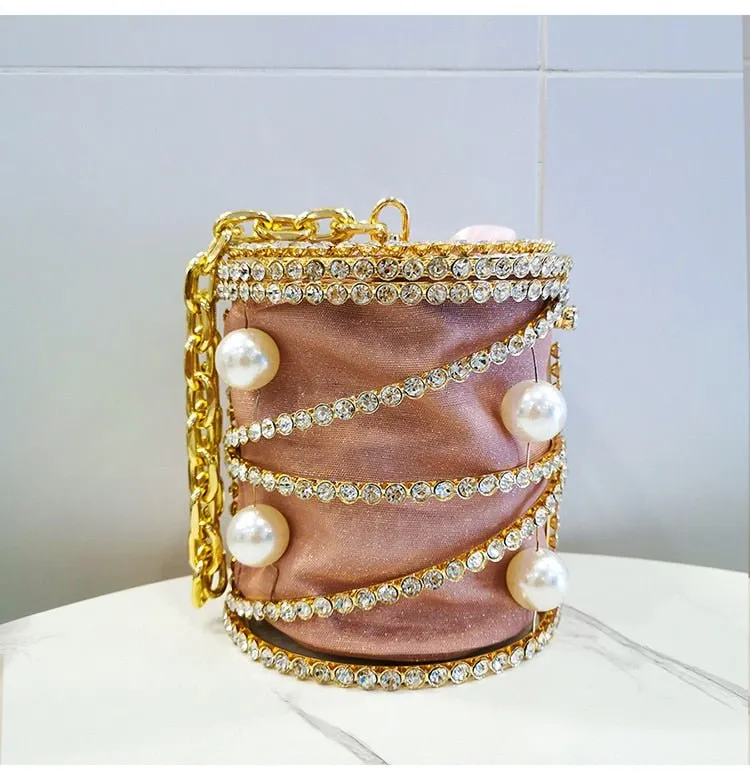 Rhinestones Big Pearls  Metal Cage Clutch