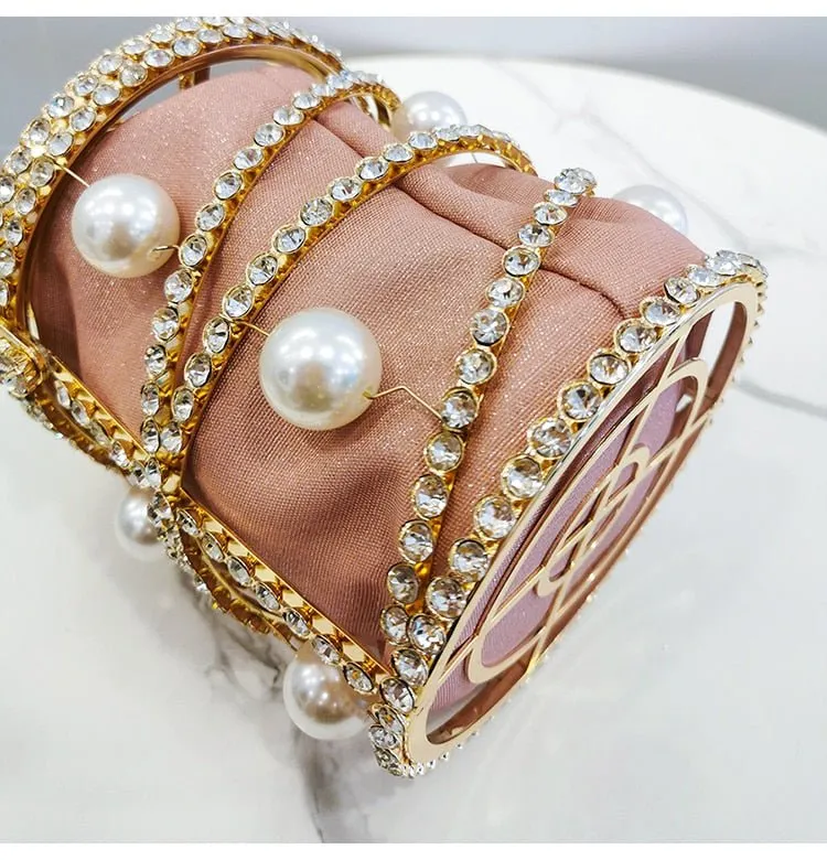 Rhinestones Big Pearls  Metal Cage Clutch