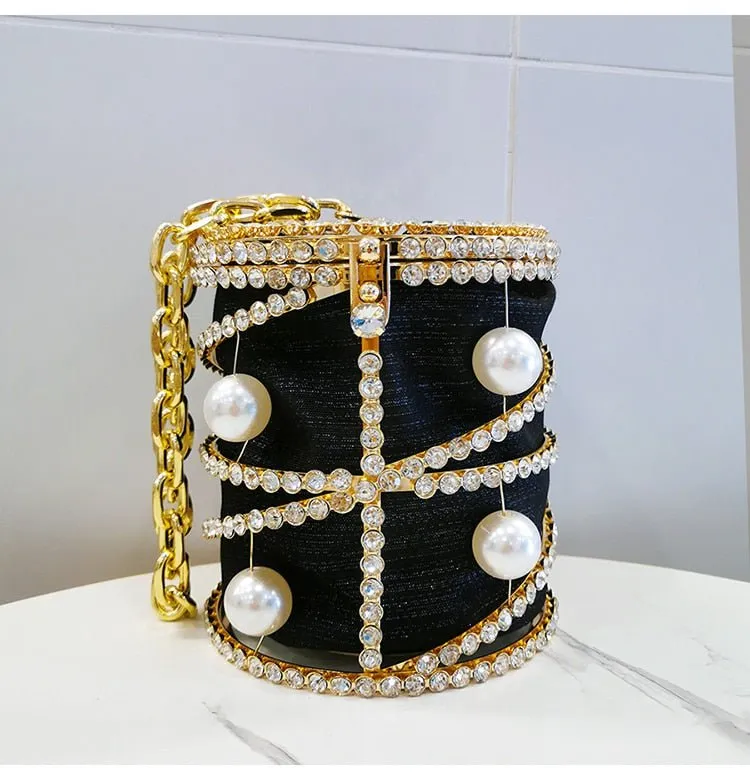 Rhinestones Big Pearls  Metal Cage Clutch