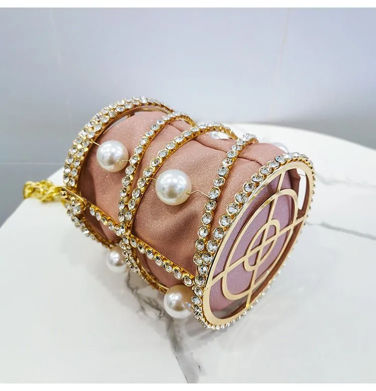 Rhinestones Big Pearls  Metal Cage Clutch