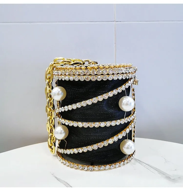 Rhinestones Big Pearls  Metal Cage Clutch