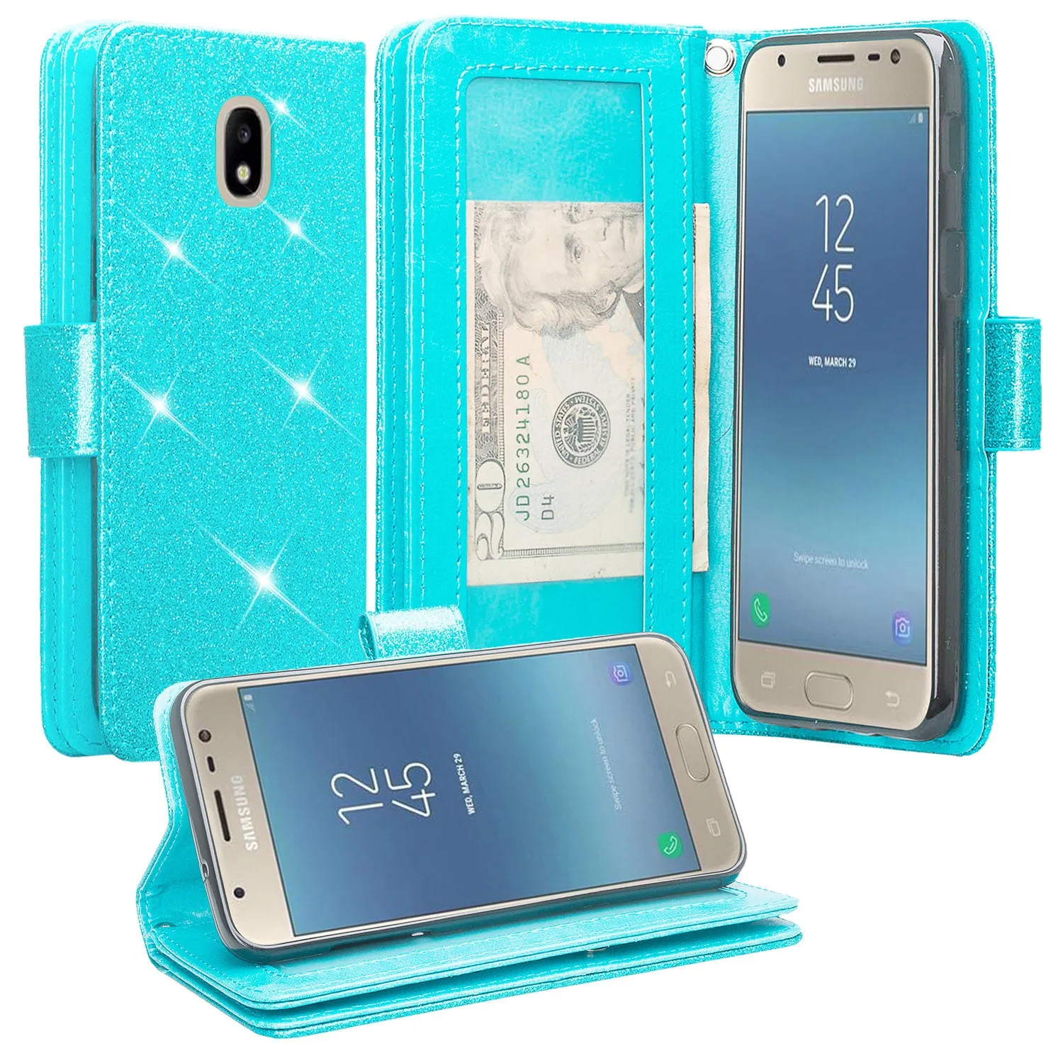 Samsung Galaxy J3 2018/Express Prime 3/Amp Prime 3/J3 Achieve/J3 Star/J3 Top/J3 Achieve/J3 Orbit/J3 V 3rd Gen/J3 Aura/Sol 3 Case, Wrist Strap Glitter Bling Leather Flip [Kickstand] Protective Wallet Cover Clutch - Teal