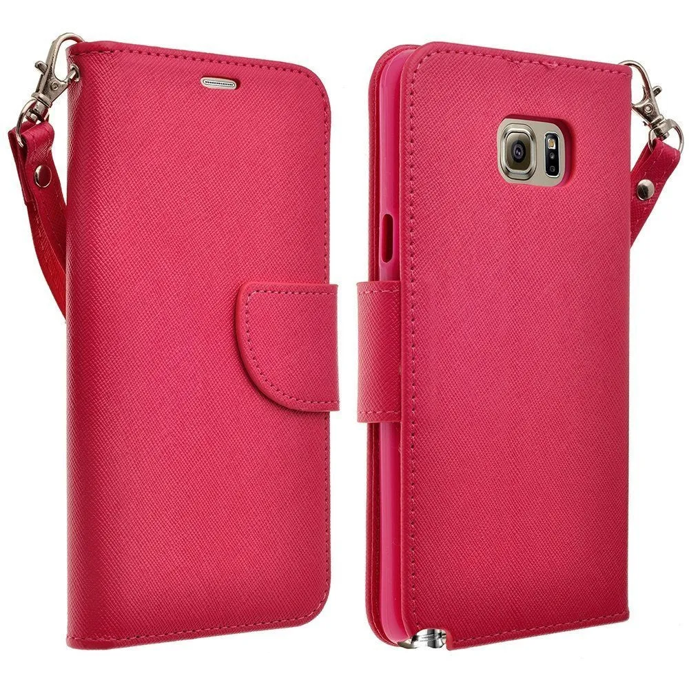 Samsung Galaxy S6 Edge Plus Case, Wrist Strap Magnetic Flip Fold[Kickstand] Pu Leather Wallet Case with ID & Card Slots - Hot Pink