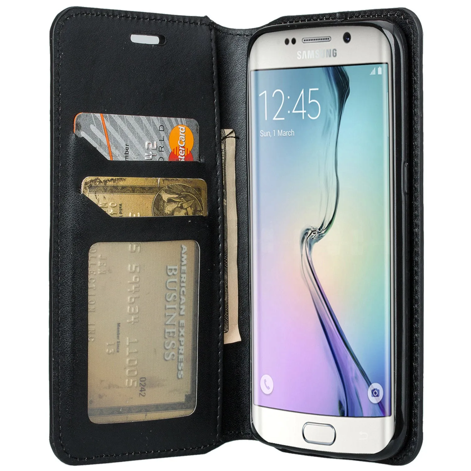 Samsung Galaxy S7 Edge Genuine Leather Case, Magnetic Flip Fold[Kickstand] with ID & Card Slots for Galaxy S7 Edge - Black