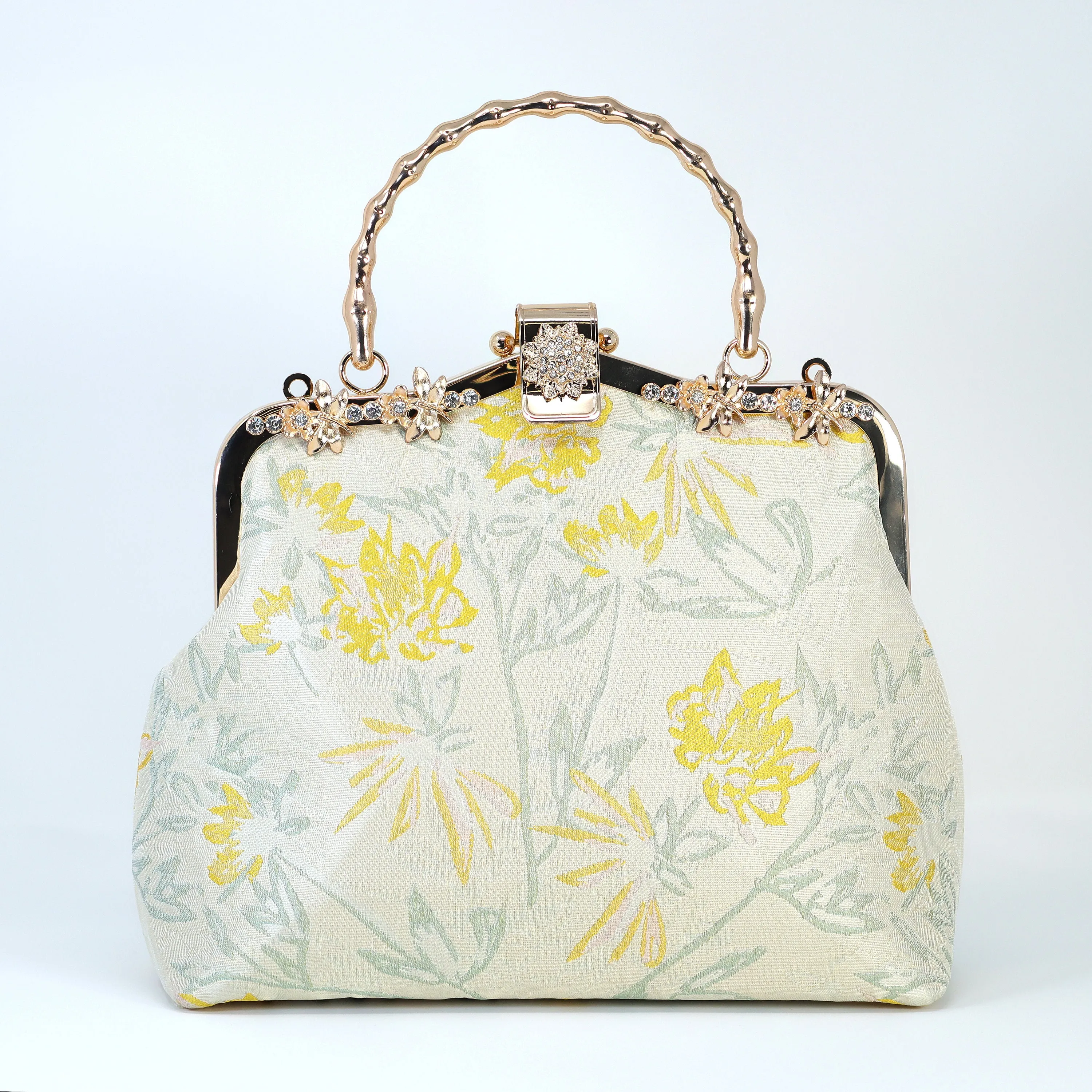 Shimmering Gold Yellow Floral Embroidered Fabric Floral Bridal Wedding Bag, Statement Bag, Evening Wedding Clutch, Cross Body Bag