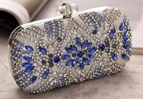 Silver Royal Blue Crystal Floral Leaves Embroidered Wedding Clutch, Statement Bag, Evening Clutch, Wedding Clutch, Cross Body Bag