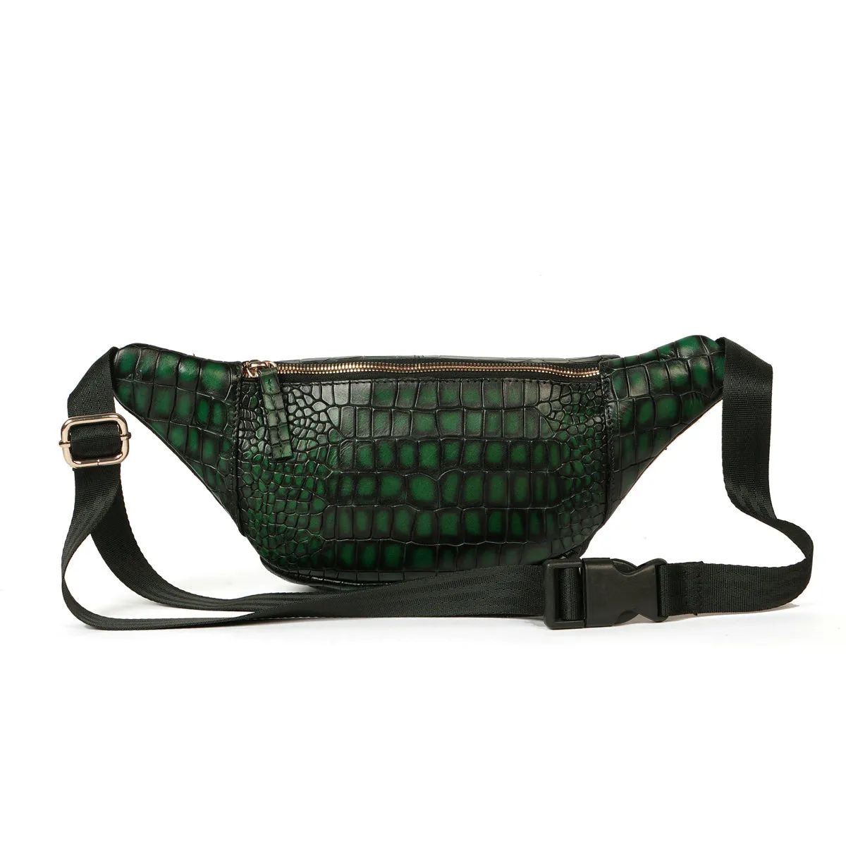 Smokey Waist Bag In Croco Textured Green Leather