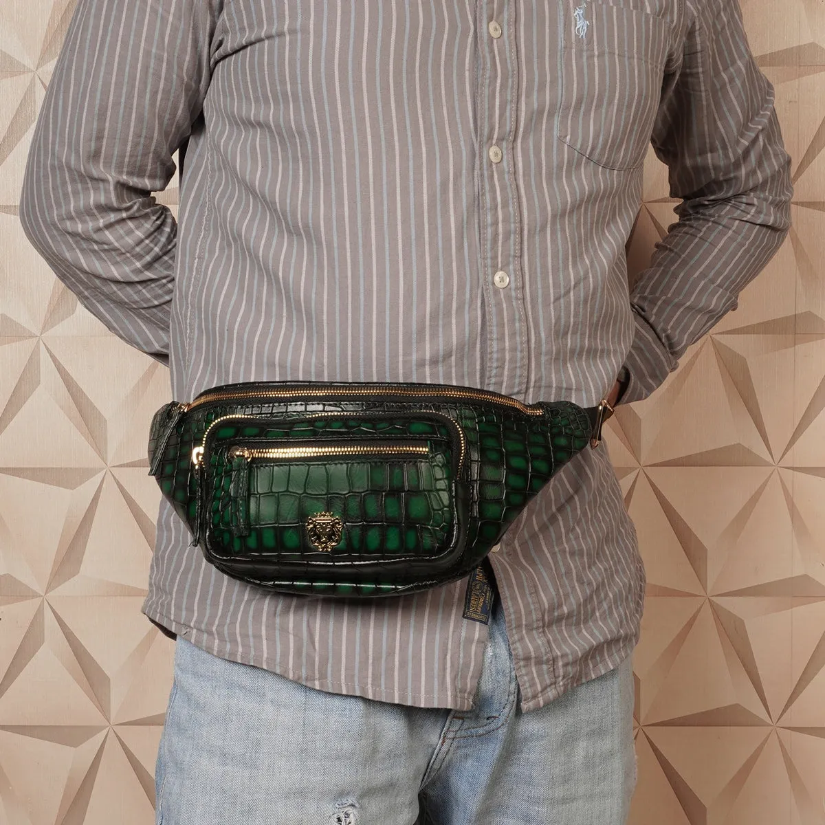 Smokey Waist Bag In Croco Textured Green Leather