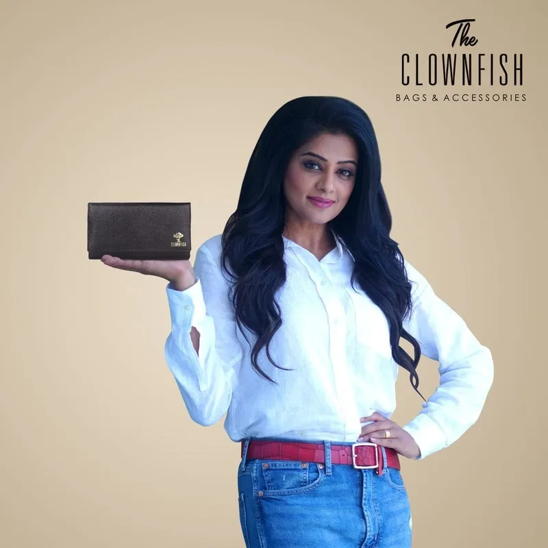 THE CLOWNFISH Elsa Collection Genuine Leather Tri-Fold Womens Wallet Clutch Ladies Purse with Multiple Card Slots & ID Card Windows (Grey)