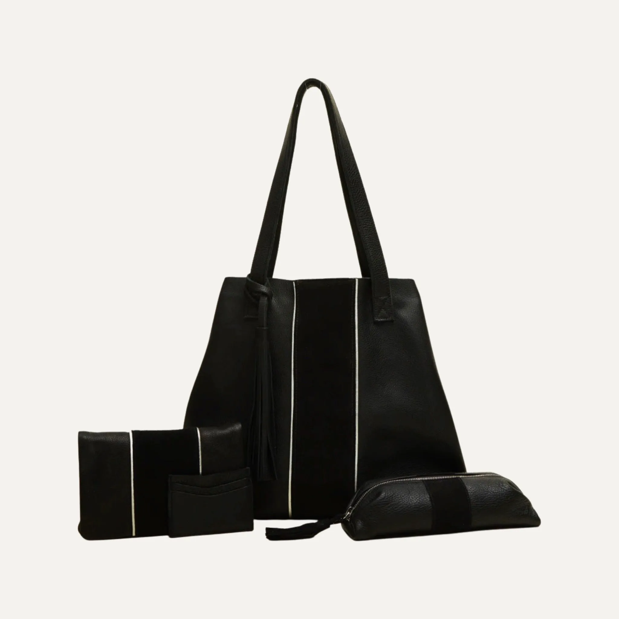 Tote Bag | Black Leather   Black Suede Stripe   Silver Piping "The Amy"