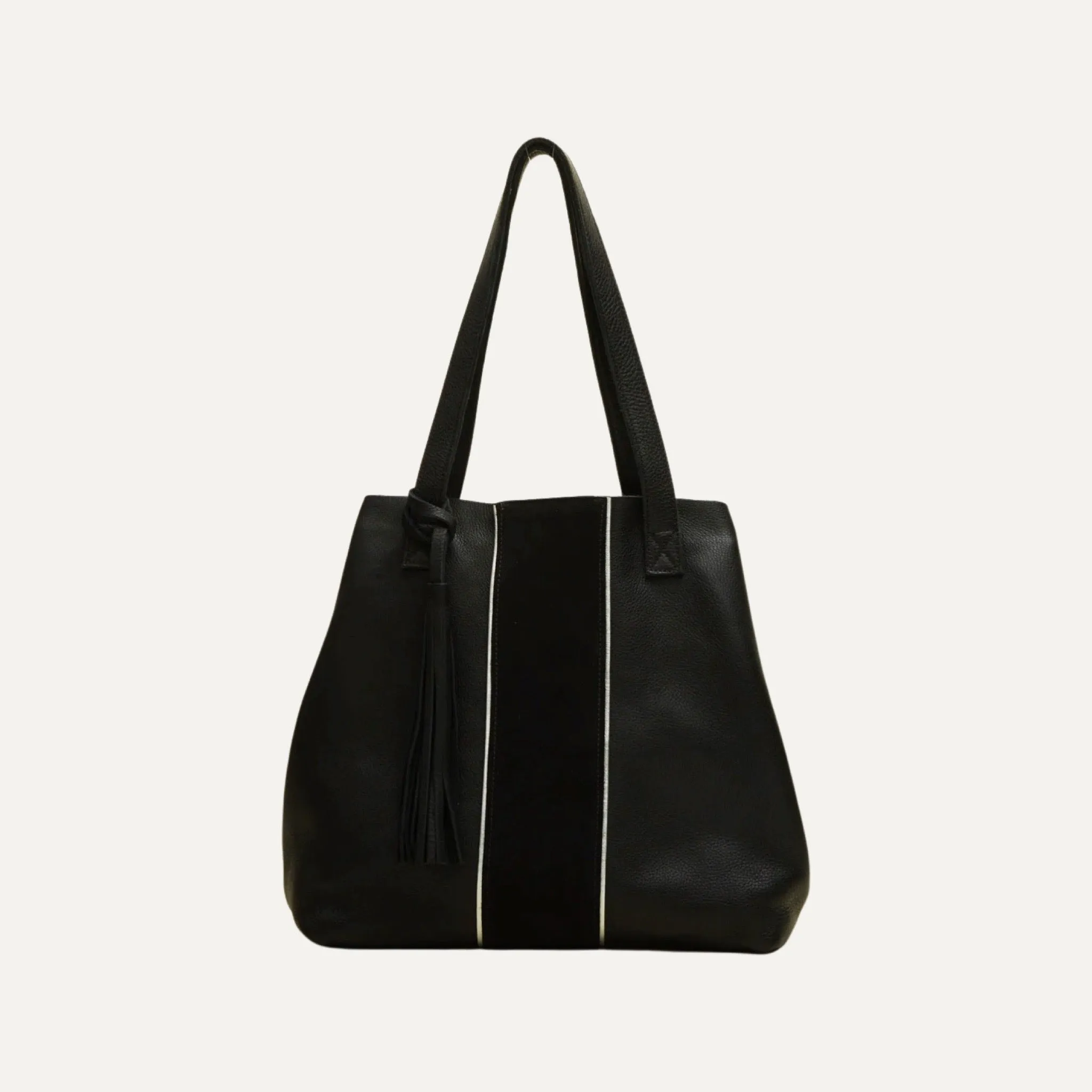 Tote Bag | Black Leather   Black Suede Stripe   Silver Piping "The Amy"