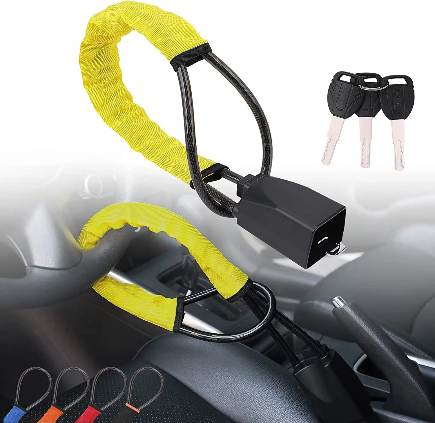 Universal Anti-Theft Steering Wheel Steel Wire Lock-Yellow