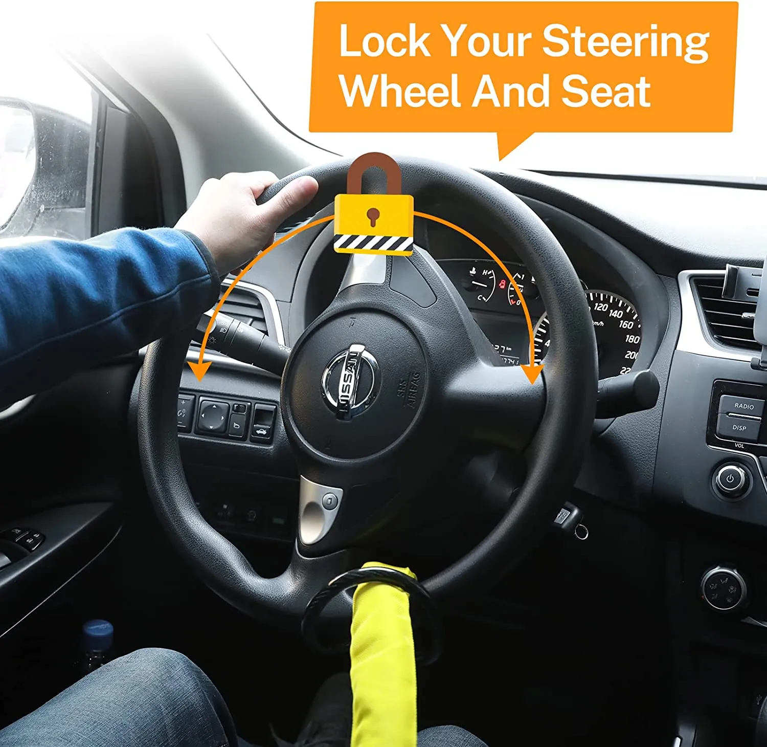 Universal Anti-Theft Steering Wheel Steel Wire Lock-Yellow