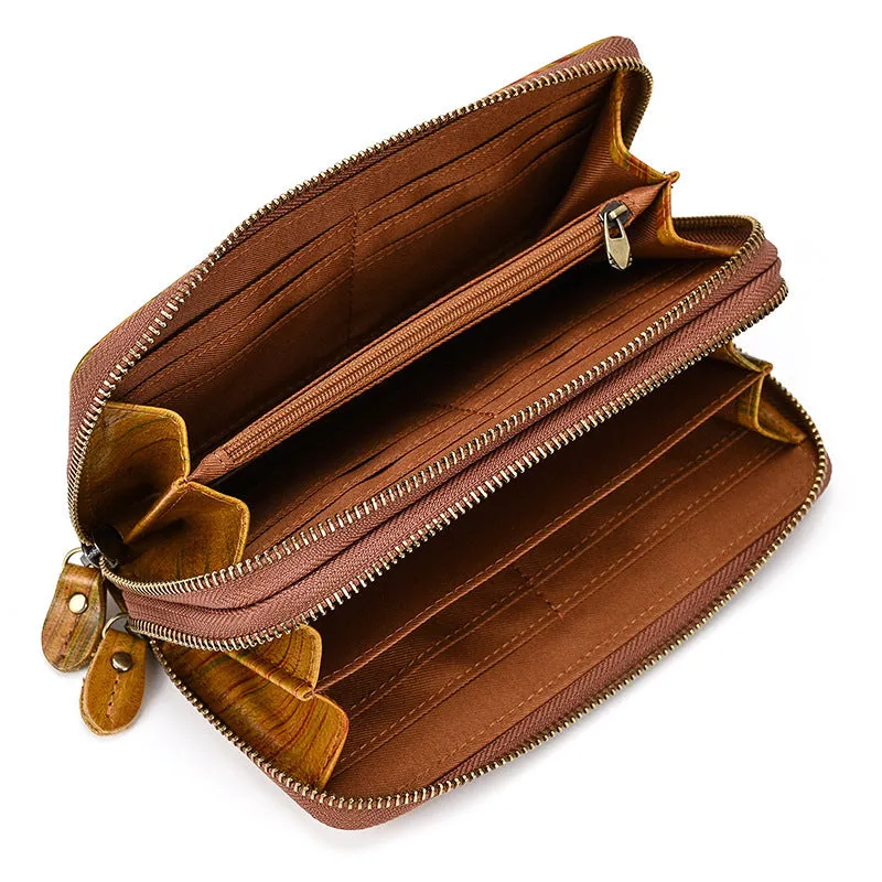 Vintage Double Zipper Big Capacity Leather Wallet 1008