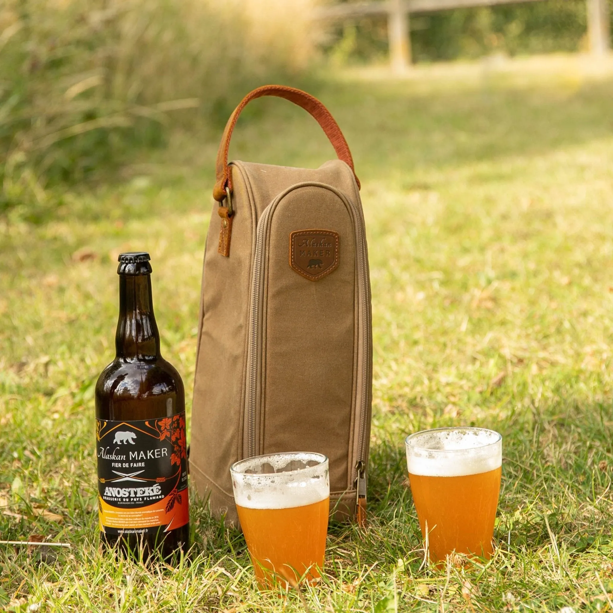 Waxed Canvas Insulated Bottle Bag & Glass Carrier