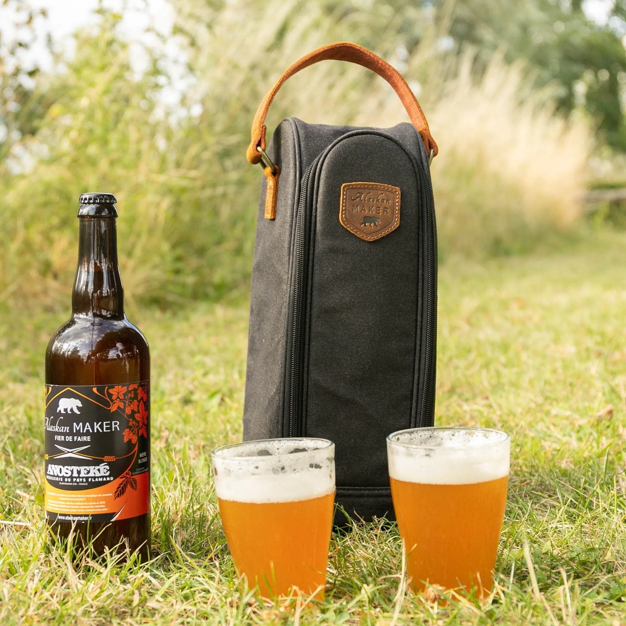 Waxed Canvas Insulated Bottle Bag & Glass Carrier