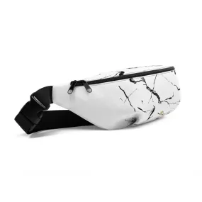 White Marble Print Fanny Pack, Unisex Designer Fanny Pack Over the Shoulder Bag- Made in USA/EU