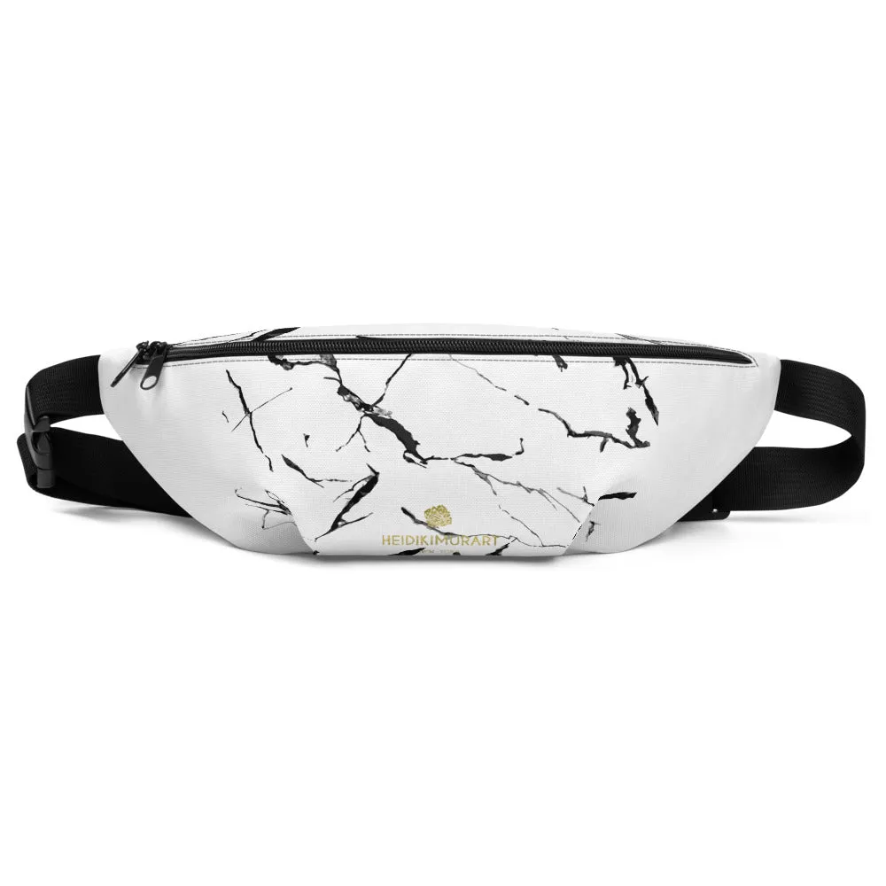 White Marble Print Fanny Pack, Unisex Designer Fanny Pack Over the Shoulder Bag- Made in USA/EU