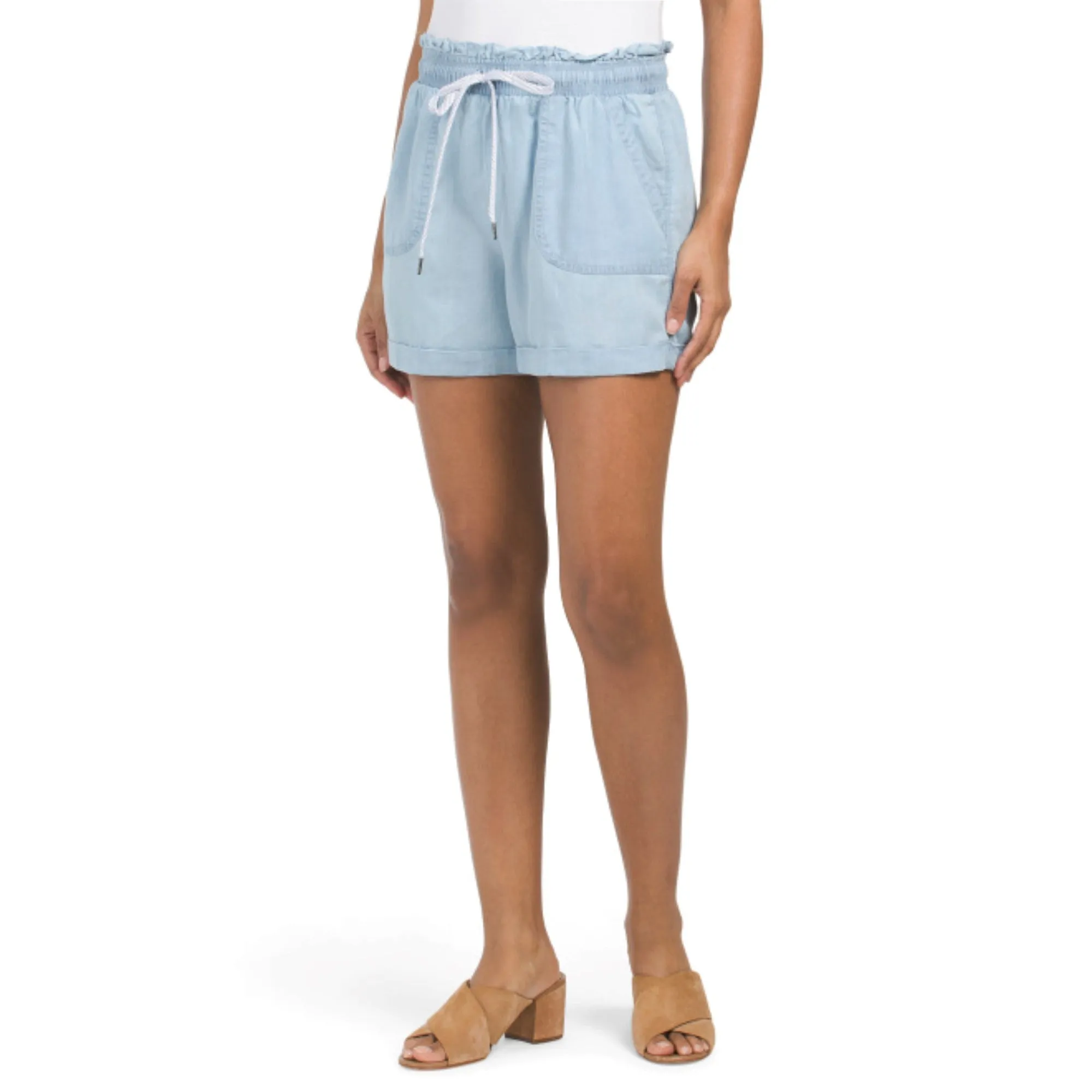 Zac & Rachel Women's High Rise Rolled Cuffs Paper Bag Waist Denim Shorts